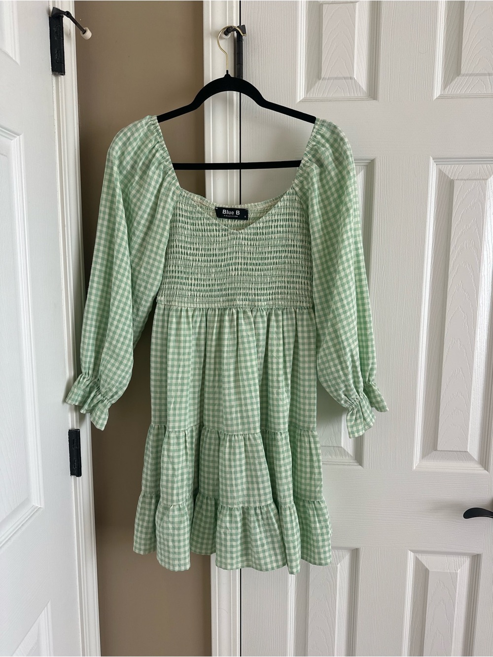Blue Blush Sage Green Gingham Smocked Tiered Long Sleeve Dress